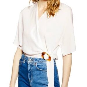 Topshop Ivory Wrap Short Sleeve Blouse with Tortoiseshell Ring